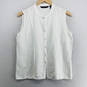 SAINT TROPEZ WEST Top L Blouse Linen Shirt Sleeveless Button Up Tank White